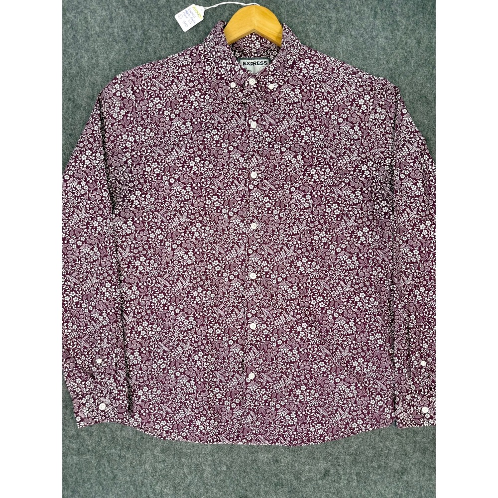 Express Slim Soft Wash Mens Large Burgundy Floral Button Down Shirt Long Sleeve